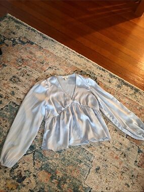 Light Blue Satin V-Neck Peplum Blouse